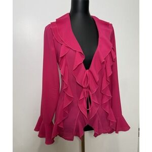Boohoo BLOUSE PINK BELL SLEEVE POLYESTER RUFFLE NECK SIZE 14